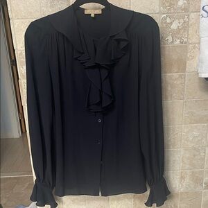 Michael Kors Collection Navy Silk Ruffle Front Long-Sleeve Blouse